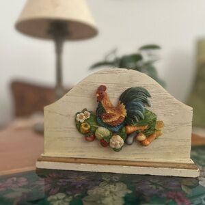 White Wood Rooster Napkin Holder with Intricate Ceramic Vegetable Design